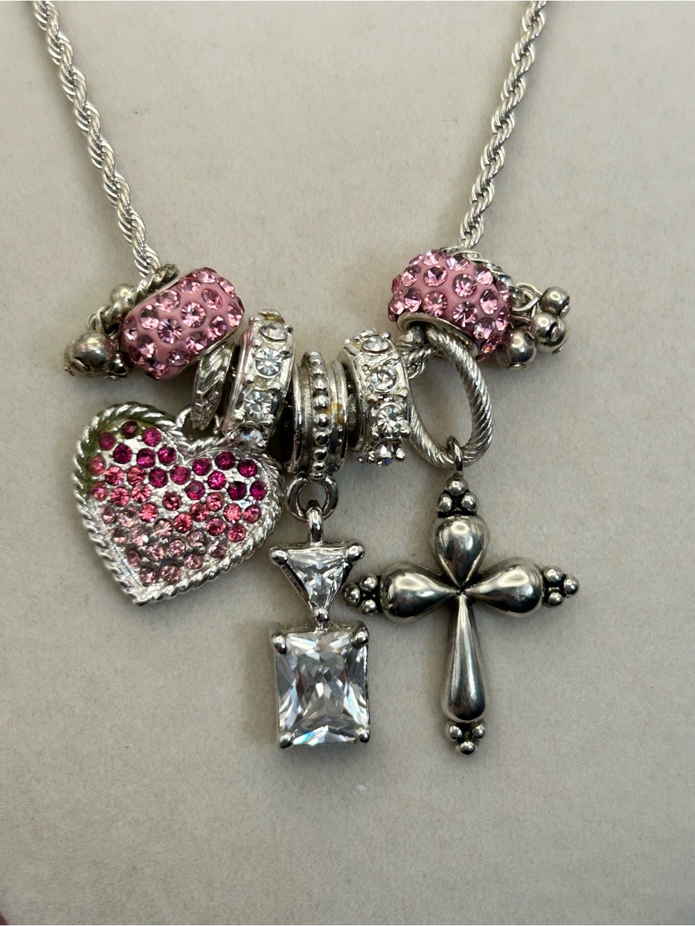 Sparkling Pink Crystals Charm Necklace Silver-tone Cross 30" Unsigned - Picture 3 of 13